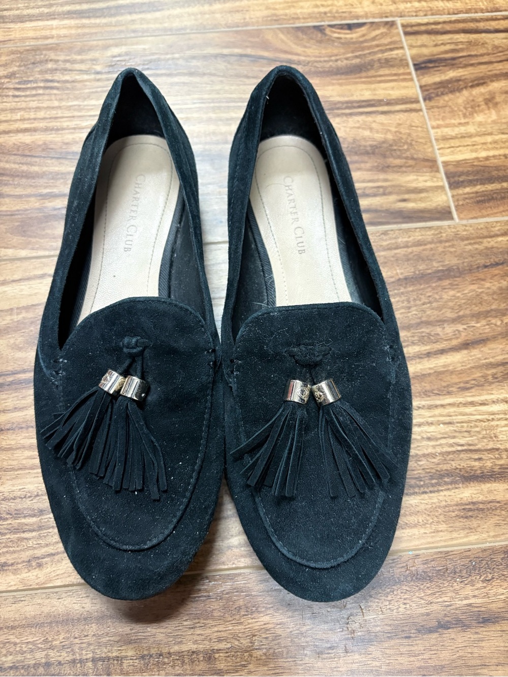 Charter club Macy’s brand Margott black suede flat loafers, size 7